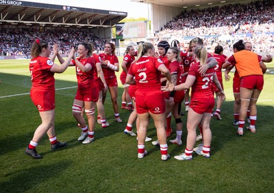 250426 - England v Wales, 2026 Guinness Women’s 6 Nations - Wales players embrace each other at the end of the match