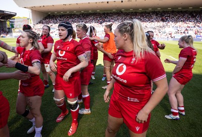250426 - England v Wales, 2026 Guinness Women’s 6 Nations - Wales players embrace each other at the end of the match