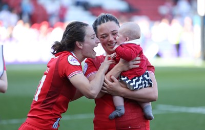250426 - England v Wales, 2026 Guinness Women’s 6 Nations - Jasmine Joyce of Wales and Alisha Joyce of Wales with Ralphie at the end of the match