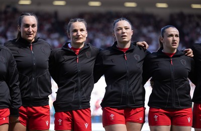 250426 - England v Wales, 2026 Guinness Women’s 6 Nations - Left to right, Courtney Keight of Wales, Jasmine Joyce of Wales, Alisha Joyce of Wales and Kayleigh Powell of Wales line up for the anthems ahead of the match
