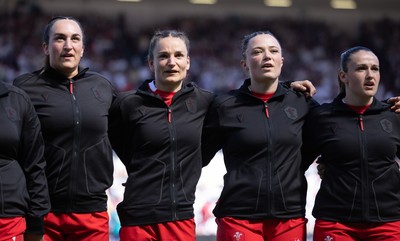 250426 - England v Wales, 2026 Guinness Women’s 6 Nations - Left to right, Courtney Keight of Wales, Jasmine Joyce of Wales, Alisha Joyce of Wales and Kayleigh Powell of Wales line up for the anthems ahead of the match