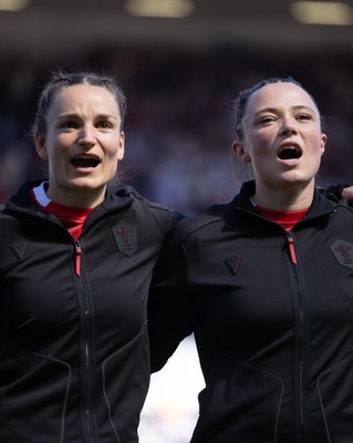 250426 - England v Wales, 2026 Guinness Women’s 6 Nations - Left to right, Jasmine Joyce of Wales and Alisha Joyce of Wales line up for the anthems ahead of the match