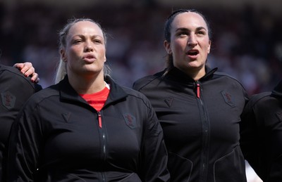 250426 - England v Wales, 2026 Guinness Women’s 6 Nations - Kelsey Jones of Wales and Courtney Keight of Wales line up for the anthems ahead of the match