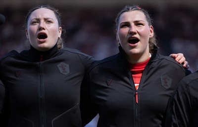 250426 - England v Wales, 2026 Guinness Women’s 6 Nations - Gwen Crabb of Wales and Gwenllian Pyrs of Wales line up for the anthems ahead of the match