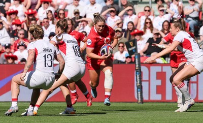 250426 - England v Wales, 2026 Guinness Women’s 6 Nations - Freya Bell of Wales charges forward on her debut