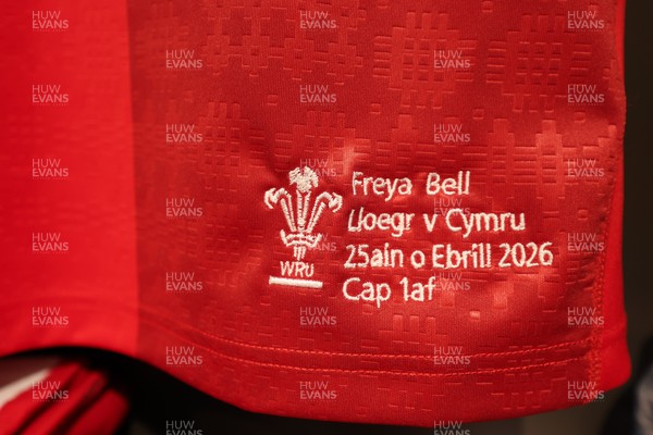 250426 - England v Wales, 2026 Guinness Women’s 6 Nations - Freya Bell’s Wales match jersey hanging in the changing room ahead of the match on her first cap