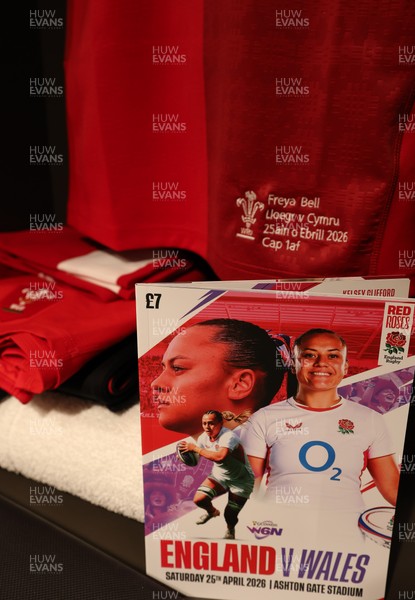 250426 - England v Wales, 2026 Guinness Women’s 6 Nations - Freya Bell’s Wales match jersey hanging in the changing room ahead of the match on her first cap