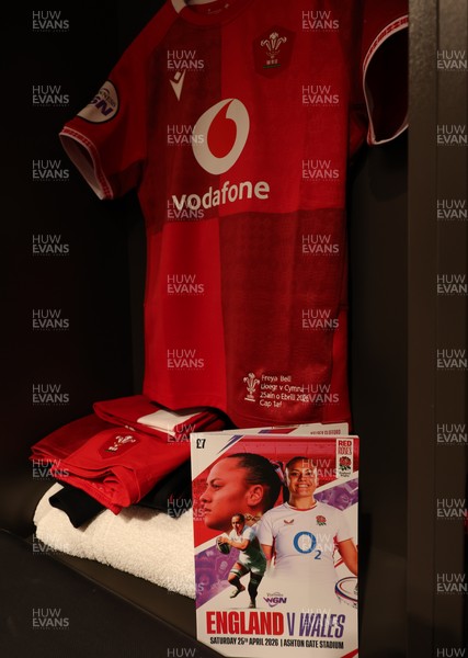 250426 - England v Wales, 2026 Guinness Women’s 6 Nations - Freya Bell’s Wales match jersey hanging in the changing room ahead of the match on her first cap