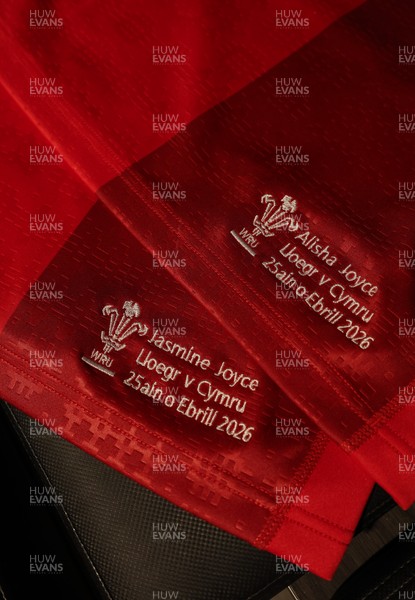 250426 - England v Wales, 2026 Guinness Women’s 6 Nations - Jasmine Joyce and Alisha Joyce’s Wales match jerseys in the changing room ahead of the match