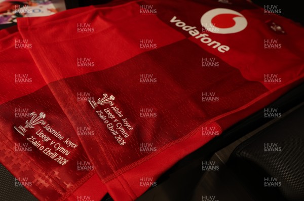 250426 - England v Wales, 2026 Guinness Women’s 6 Nations - Jasmine Joyce and Alisha Joyce’s Wales match jerseys in the changing room ahead of the match