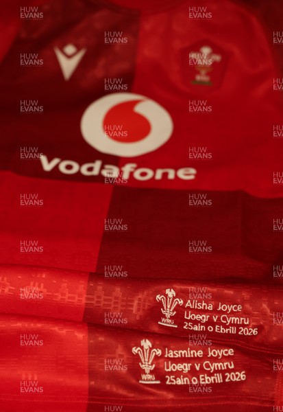 250426 - England v Wales, 2026 Guinness Women’s 6 Nations - Jasmine Joyce and Alisha Joyce’s Wales match jerseys in the changing room ahead of the match