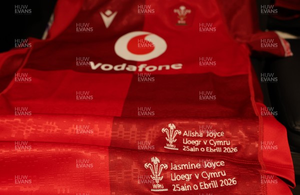 250426 - England v Wales, 2026 Guinness Women’s 6 Nations - Jasmine Joyce and Alisha Joyce’s Wales match jerseys in the changing room ahead of the match