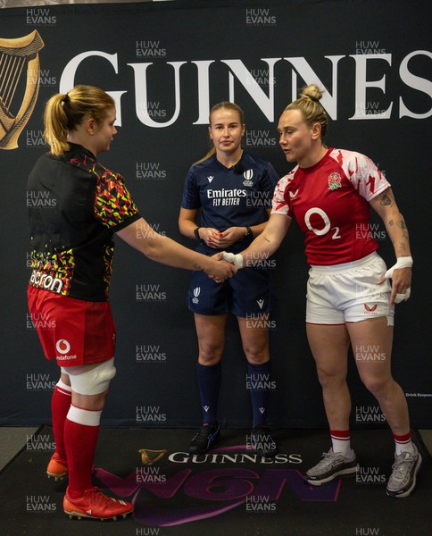 250426 - England v Wales, 2026 Guinness Women’s 6 Nations -  Coin toss with captains Bethan Lewis of Wales and England’s Megan Jones