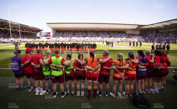 250426 - England v Wales, 2026 Guinness Women’s 6 Nations - The Wales team line up for the anthems ahead of the match