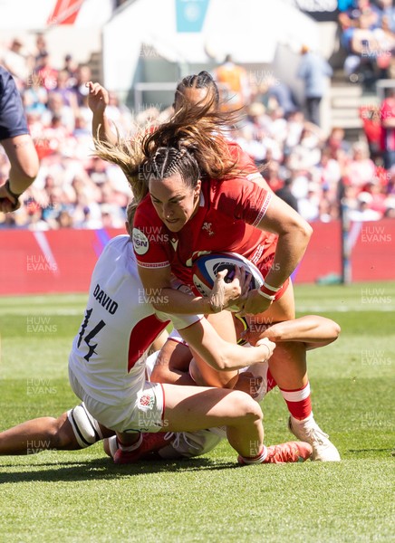 250426 - England v Wales, 2026 Guinness Women’s 6 Nations - Courtney Keight of Wales is tackled just short of the line