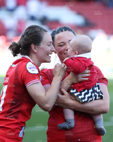 250426 - England v Wales, 2026 Guinness Women’s 6 Nations - Jasmine Joyce of Wales and Alisha Joyce of Wales with Ralphie at the end of the match