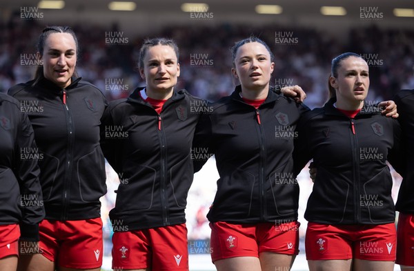 250426 - England v Wales, 2026 Guinness Women’s 6 Nations - Left to right, Courtney Keight of Wales, Jasmine Joyce of Wales, Alisha Joyce of Wales and Kayleigh Powell of Wales line up for the anthems ahead of the match