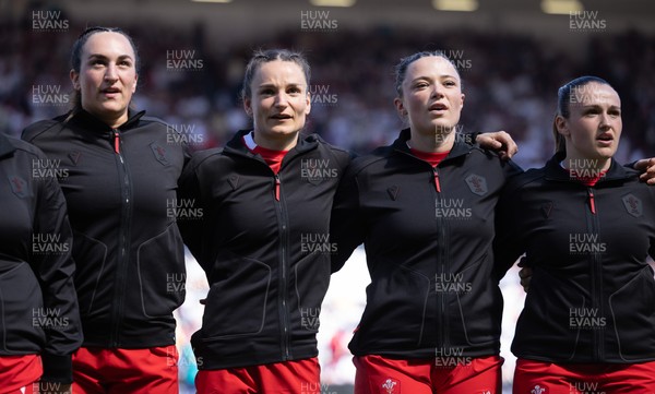 250426 - England v Wales, 2026 Guinness Women’s 6 Nations - Left to right, Courtney Keight of Wales, Jasmine Joyce of Wales, Alisha Joyce of Wales and Kayleigh Powell of Wales line up for the anthems ahead of the match