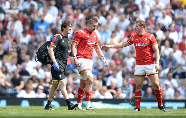 290516 - England v Wales - Old Mutual Wealth Cup -Dan Lydiate of Wales leaves the field with physio Mark Davies