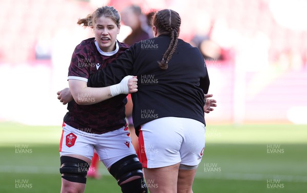 300324 - England v Wales, Guinness Women’s 6 Nations - Bethan Lewis of Wales and Lleucu George of Wales during warm up