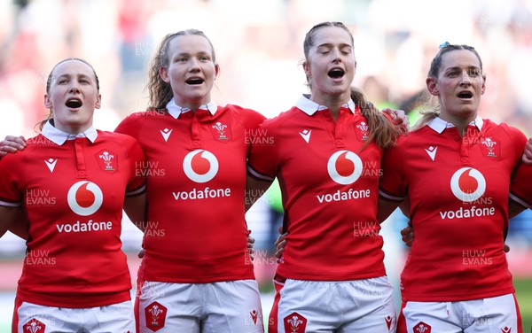 300324 - England v Wales, Guinness Women’s 6 Nations - Jenny Hesketh of Wales, Carys Cox of Wales, Lisa Neumann of Wales and Kerin Lake of Wales during the anthem