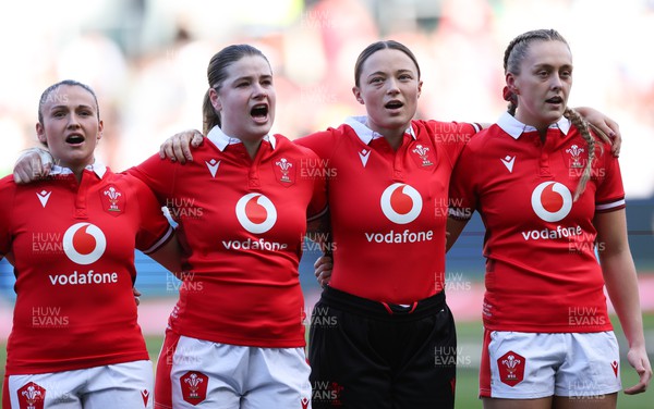 300324 - England v Wales, Guinness Women’s 6 Nations - Kayleigh Powell of Wales, Bethan Lewis of Wales, Alisha Butchers of Wales and Hannah Jones of Wales during the anthem