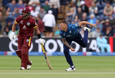 010625 - England v West Indies - 2nd ODI at Sophia Gardens - Brydon Carse of England bowling