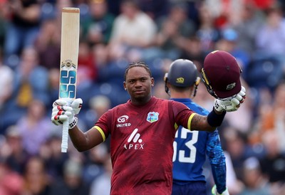 010625 - England v West Indies - 2nd ODI at Sophia Gardens - Keacy Carty of West Indies celebrates scoring a century
