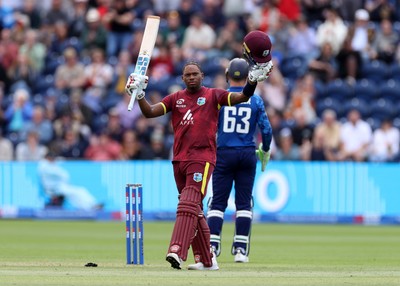 010625 - England v West Indies - 2nd ODI at Sophia Gardens - Keacy Carty of West Indies celebrates scoring a century
