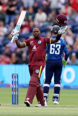 010625 - England v West Indies - 2nd ODI at Sophia Gardens - Keacy Carty of West Indies celebrates scoring a century
