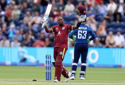 010625 - England v West Indies - 2nd ODI at Sophia Gardens - Keacy Carty of West Indies celebrates scoring a century