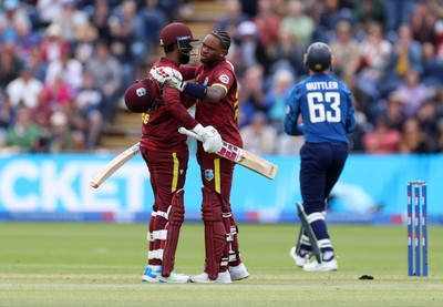 010625 - England v West Indies - 2nd ODI at Sophia Gardens - Keacy Carty of West Indies celebrates scoring a century