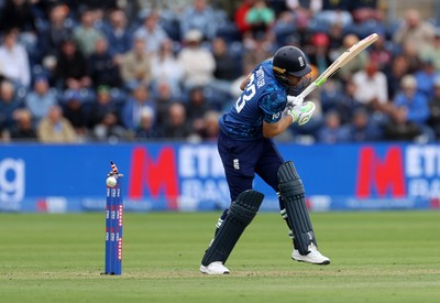010625 - England v West Indies - 2nd ODI at Sophia Gardens - Jos Buttler of England is bowled out by Alzarri Joseph of West Indies