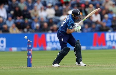 010625 - England v West Indies - 2nd ODI at Sophia Gardens - Jos Buttler of England is bowled out by Alzarri Joseph of West Indies