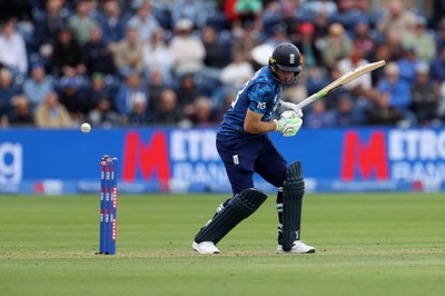 010625 - England v West Indies - 2nd ODI at Sophia Gardens - Jos Buttler of England is bowled out by Alzarri Joseph of West Indies
