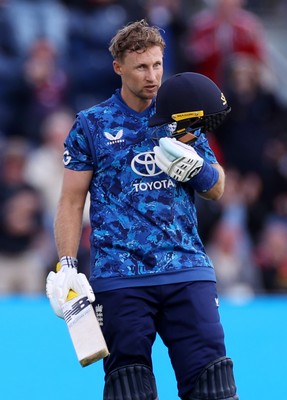 010625 - England v West Indies - 2nd ODI at Sophia Gardens - Joe Root of England celebrates scoring his century