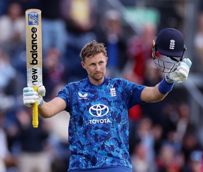 010625 - England v West Indies - 2nd ODI at Sophia Gardens - Joe Root of England celebrates scoring his century