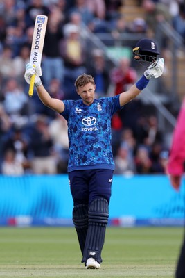 010625 - England v West Indies - 2nd ODI at Sophia Gardens - Joe Root of England celebrates scoring his century