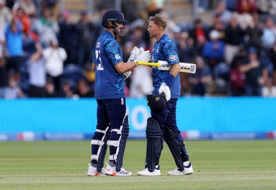 010625 - England v West Indies - 2nd ODI at Sophia Gardens - Joe Root of England celebrates scoring his century