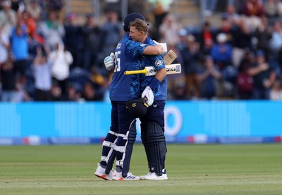 010625 - England v West Indies - 2nd ODI at Sophia Gardens - Joe Root of England celebrates scoring his century