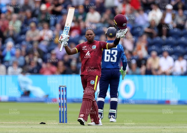 010625 - England v West Indies - 2nd ODI at Sophia Gardens - Keacy Carty of West Indies celebrates scoring a century
