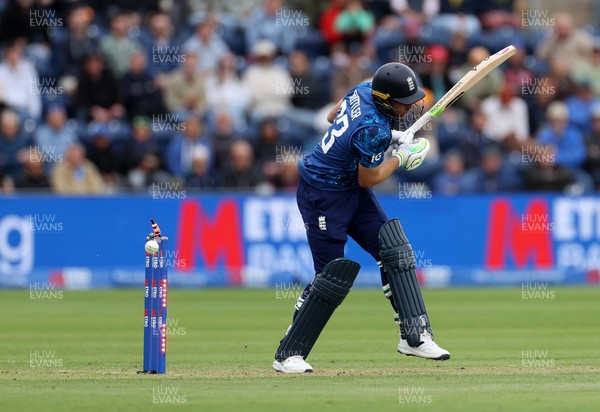 010625 - England v West Indies - 2nd ODI at Sophia Gardens - Jos Buttler of England is bowled out by Alzarri Joseph of West Indies