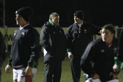 06.02.10 England v Wales - Women's - 6 Nations -  Wales coach Jason Lewis & conditioning coach Ryan Harris discuss matters during the warm up. 