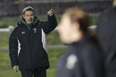 06.02.10 England v Wales - Women's - 6 Nations -  Wales coach Jason Lewis makes a point during warm up. 