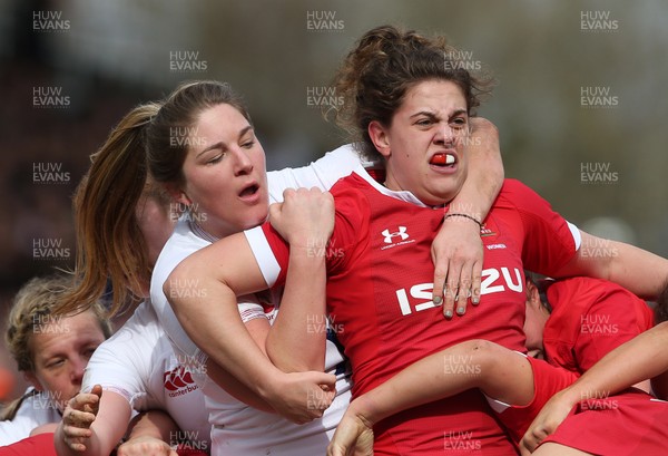 070320 - England Women v Wales Women - 6 Nations Championship - Natalia John of Wales grapples with Poppy Cleall of England
