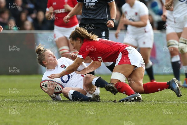 070320 - England v Wales, Women's Six Nations 2020 - Emily Scott of England is tackled by Kerin Lake of Wales