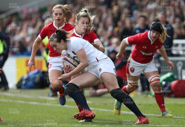 070320 - England v Wales, Women's Six Nations 2020 - Emily Scarratt of England is tackled by Hannah Jones of Wales