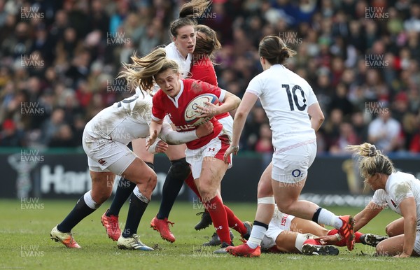 070320 - England v Wales, Women's Six Nations 2020 - Hannah Jones of Wales is held by Amber Reed of England 