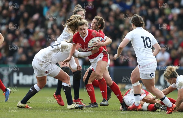 070320 - England v Wales, Women's Six Nations 2020 - Hannah Jones of Wales is held by Amber Reed of England 