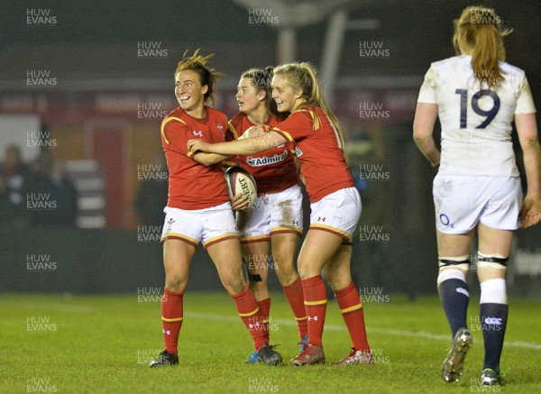 120316 England v Wales Women Robyn Wilkins, Bethan Dainton and Hannah Jones celebrate a Welsh try!